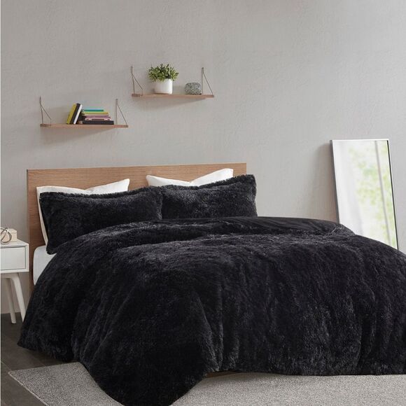 Intelligent Design - Malea Shaggy Faux-Fur Duvet Cover Sets - Black - Picture 9 of 10